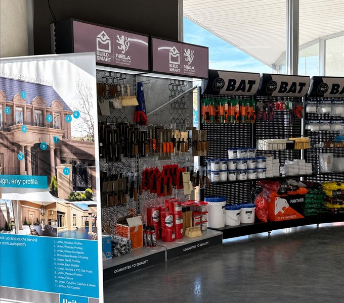 Building supplies display at Metrobuild showroom